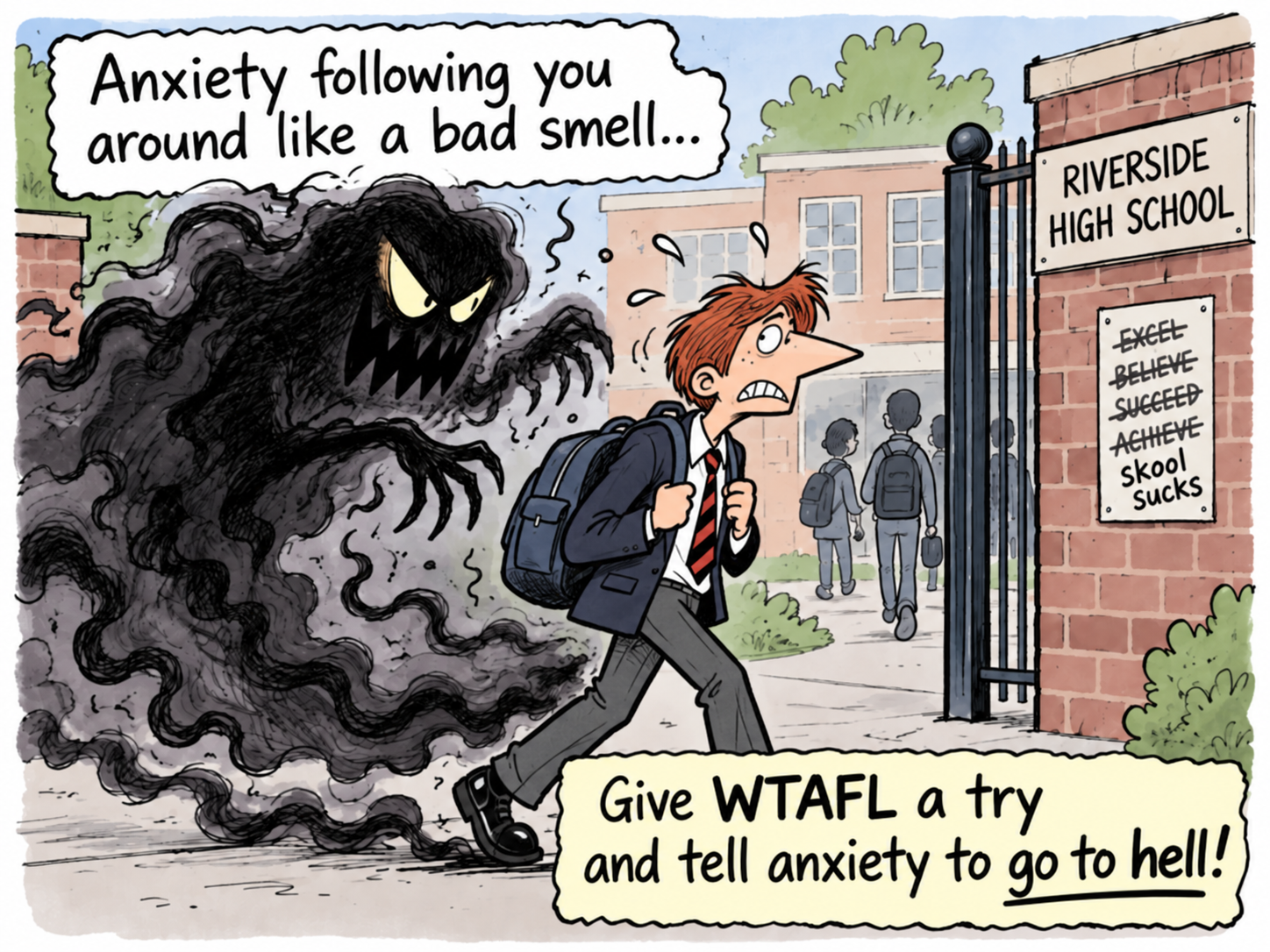 Cartoon of a teenager walking towards school while a smoky anxiety monster follows, with a message to give WTAFL a try